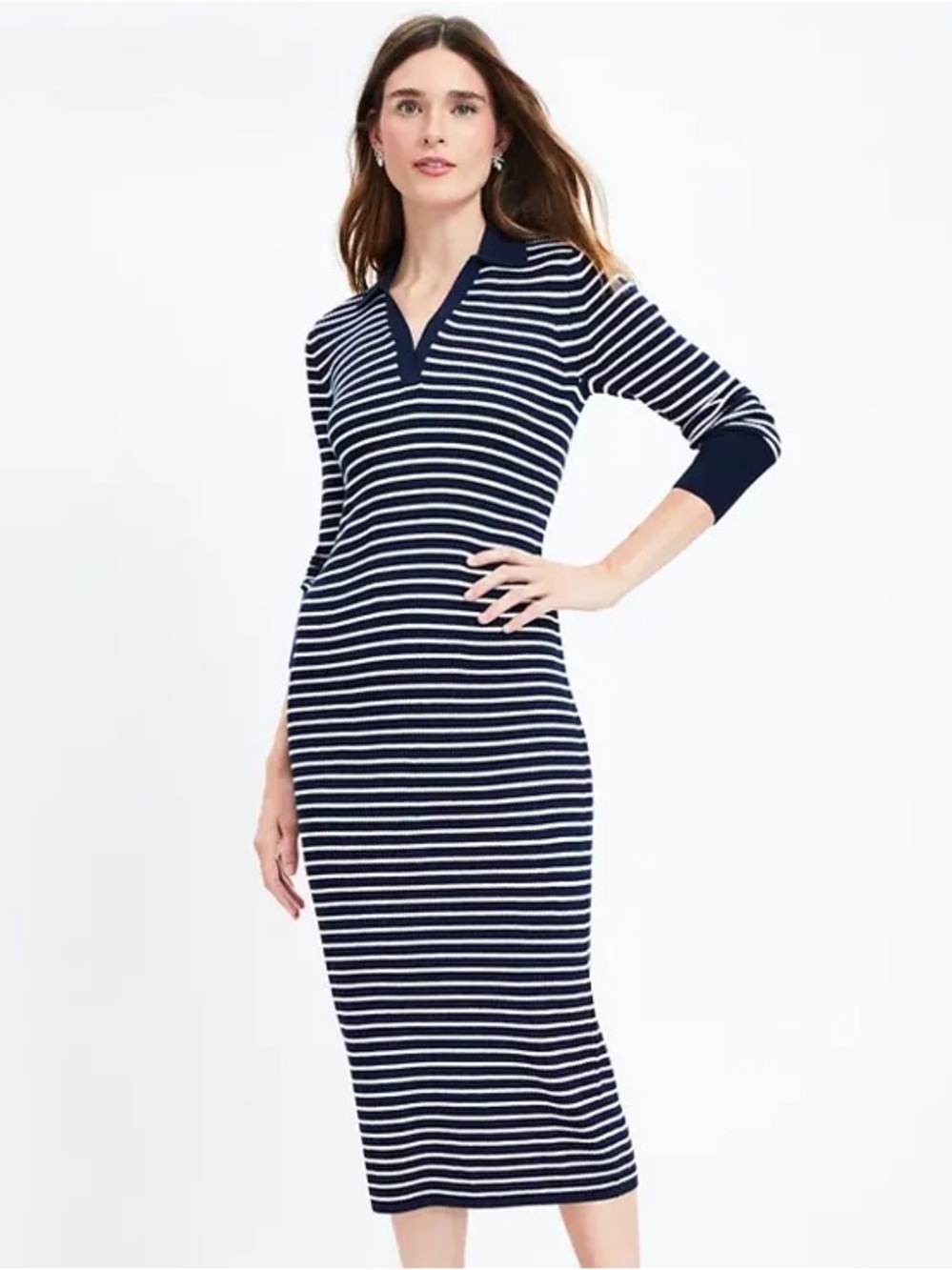 LOFT Navy and White Striped V‑Neck Knit Midi Dress XXSP